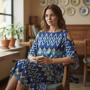 Chico's Size M (CH's 1=M) Spring Summer  Dress Cold Shoulder Blue Stretchy EUC *